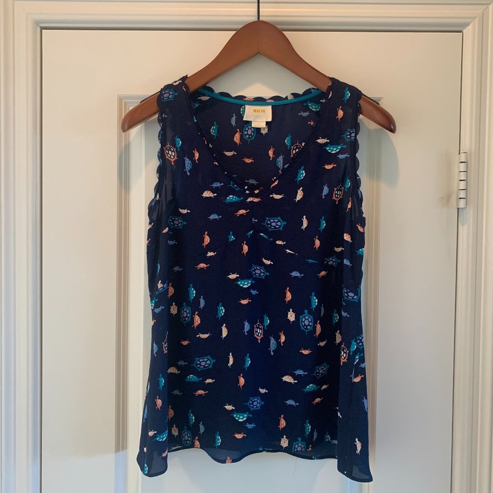 Anthropologie - Maeve Navy Sleeveless Top Size 4 - Turtle design